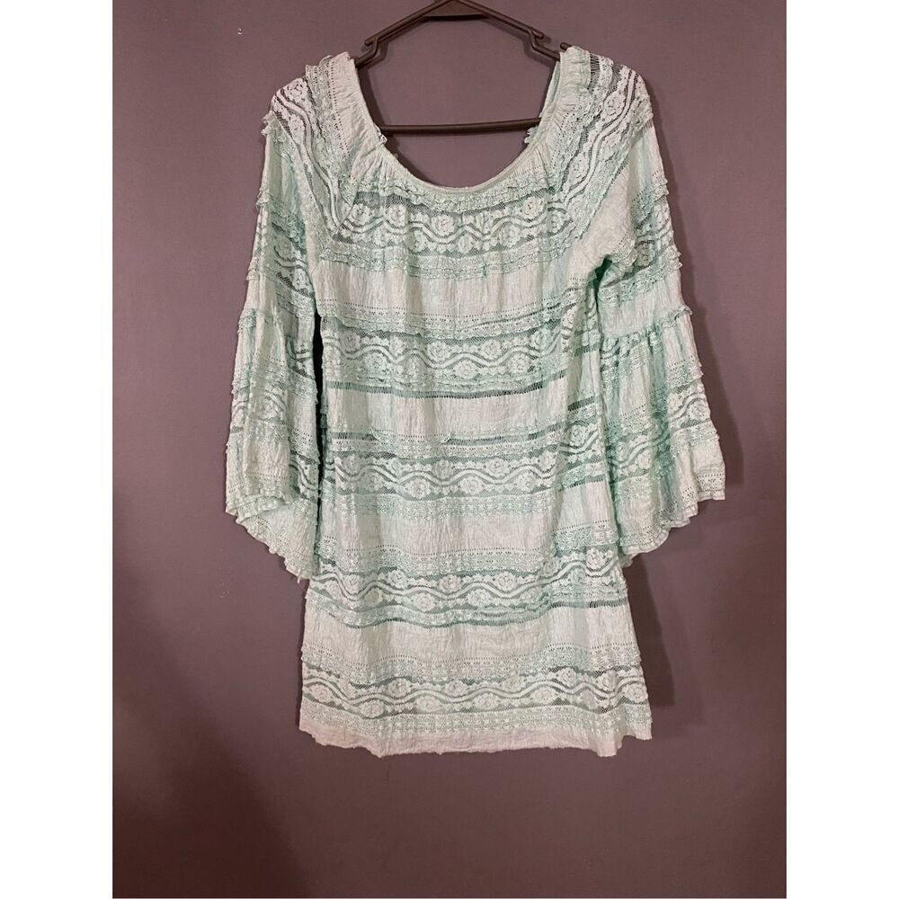 Boutique Teal Long Bell Sleeve Scoop Neck Lace Tunic Size Small